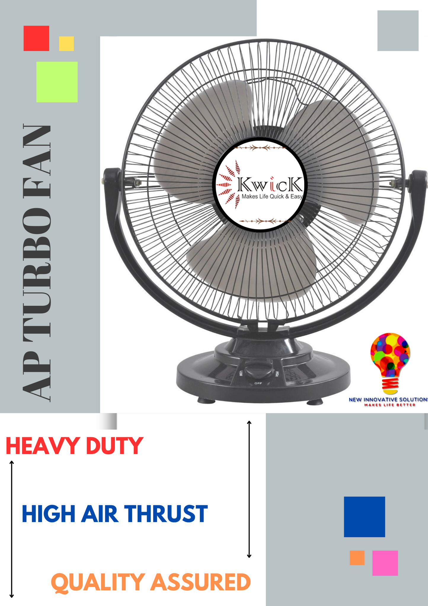 KWICK TURBO ALL PURPOSE HEAVY DUTY TABLE FAN 12"(300mm) SWEEP BLACK